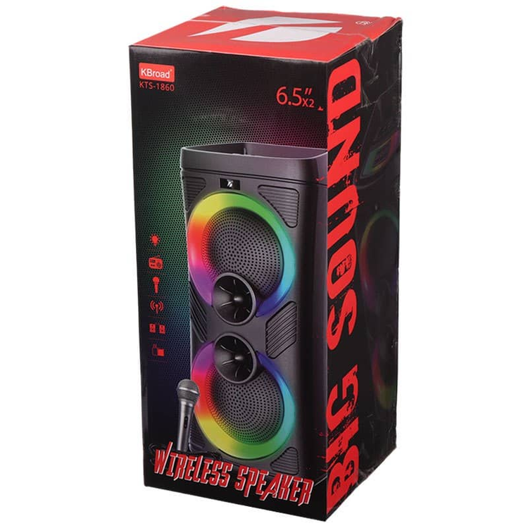 سپیکر بلوتوثی KTS 1860 – اسپیکر پرتابل با دو بلندگوی 6٫5 اینچی، نور RGB، میکروفون و ورودی های متنوع | کد 2084