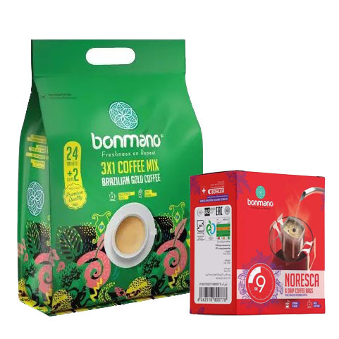 کافی میکس 3 در 1 گلد برزیل بن مانو 24 ساشه ای + 1 بسته جایزه قهوه دمی نورسکا 9 صبح 6 ساشه ای بن مانو . | کد 2520