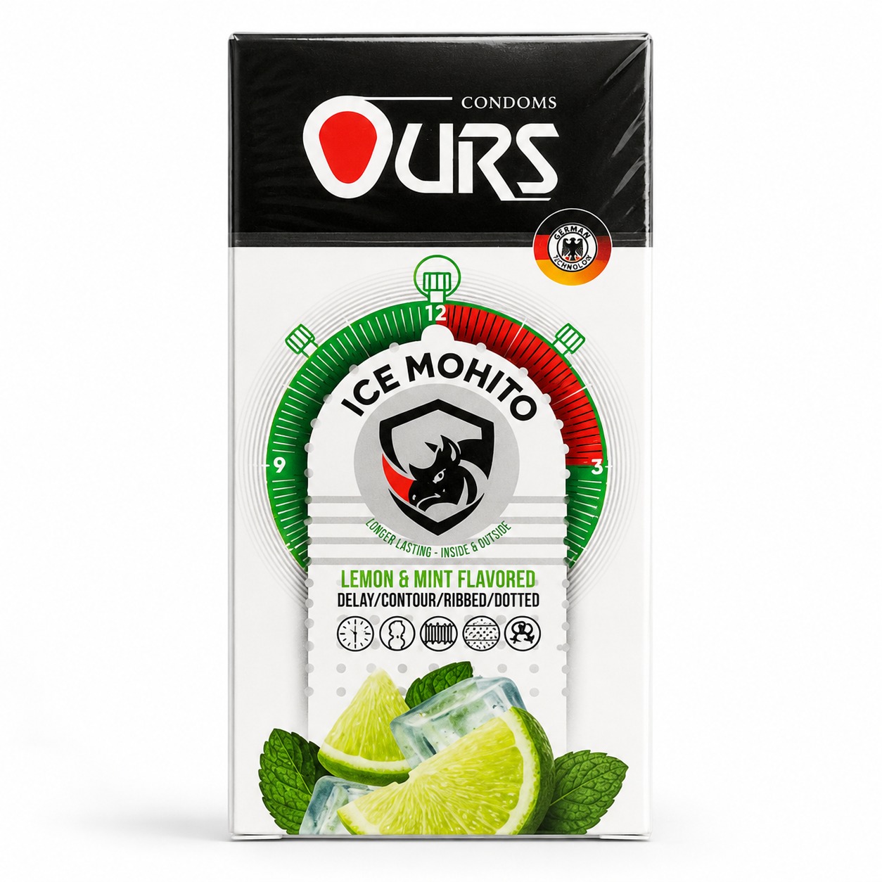 کاندوم تاخیری خاردار و شیاردار OURS مدل Ice Mohito لیمو و نعناع بسته ۱۲ عددی - نمای روبرو