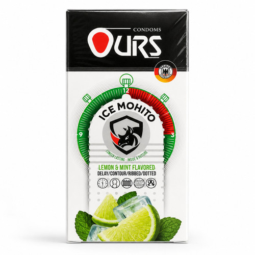 کاندوم تاخیری خاردار و شیاردار OURS مدل Ice Mohito لیمو و نعناع بسته ۱۲ عددی - نمای روبرو