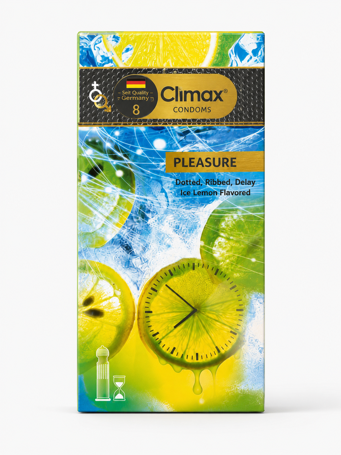 کاندوم کلایمکس Climax مدل Pleasure 8 خاردار و شیاردار تاخیری با رایحه لیمو و نعناع بسته ۱۲ عددی | کد 2842