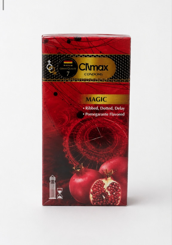 کاندوم کلایمکس Climax مدل Magic خاردار و شیاردار تاخیری با رایحه انار بسته ۱۲ عددی | کد 2845